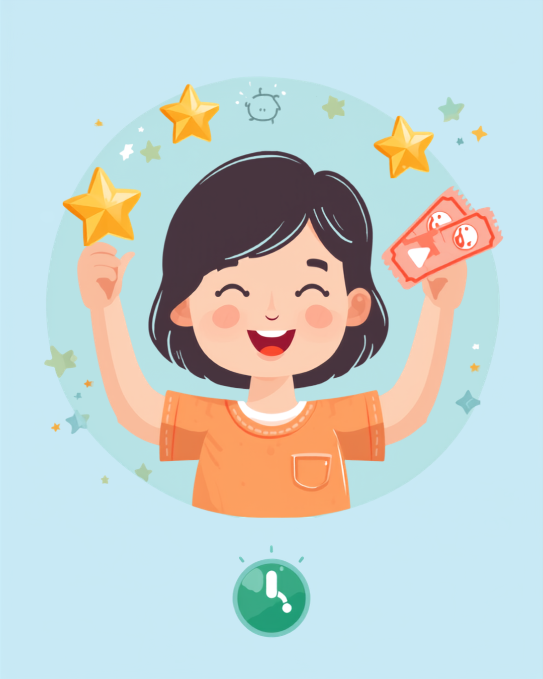 Child celebrating with stars and reward tickets