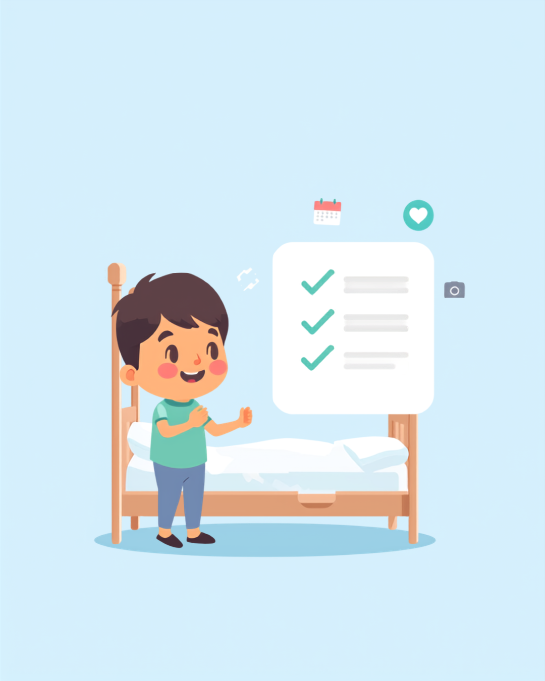 Child completing a chore checklist next to a made bed